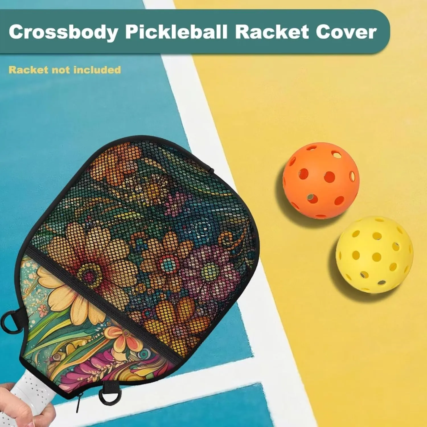 Boho Flower Pickleball Paddle Cover Mesh Ball Storage Racket Sleeve Lightweight Zipper Case for Outdoor Training
