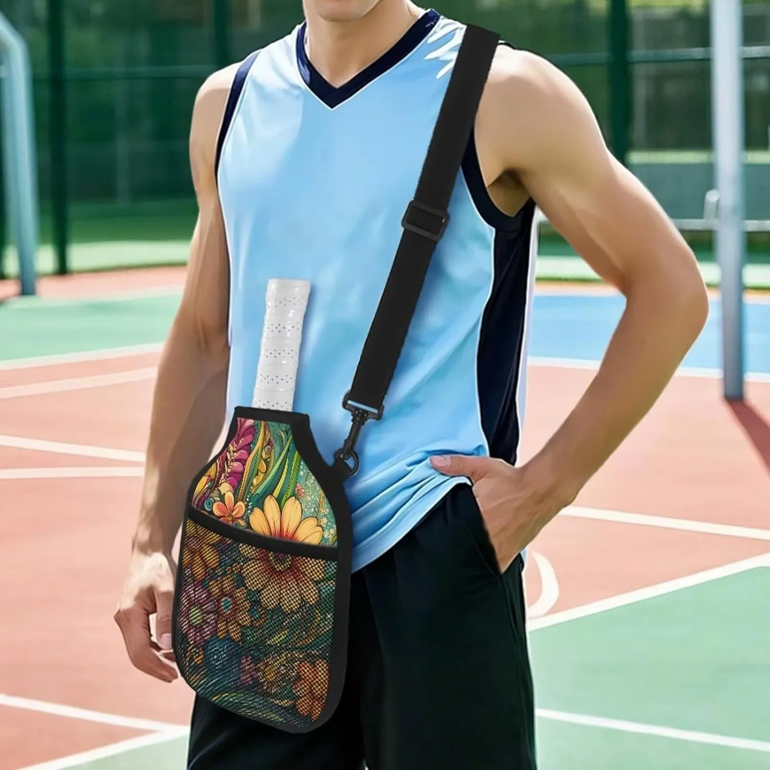 Boho Flower Pickleball Paddle Cover Mesh Ball Storage Racket Sleeve Lightweight Zipper Case for Outdoor Training