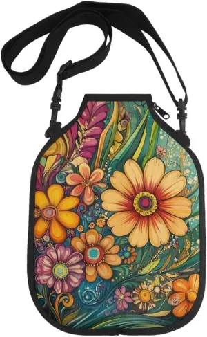 Boho Flower Pickleball Paddle Cover Mesh Ball Storage Racket Sleeve Lightweight Zipper Case for Outdoor Training