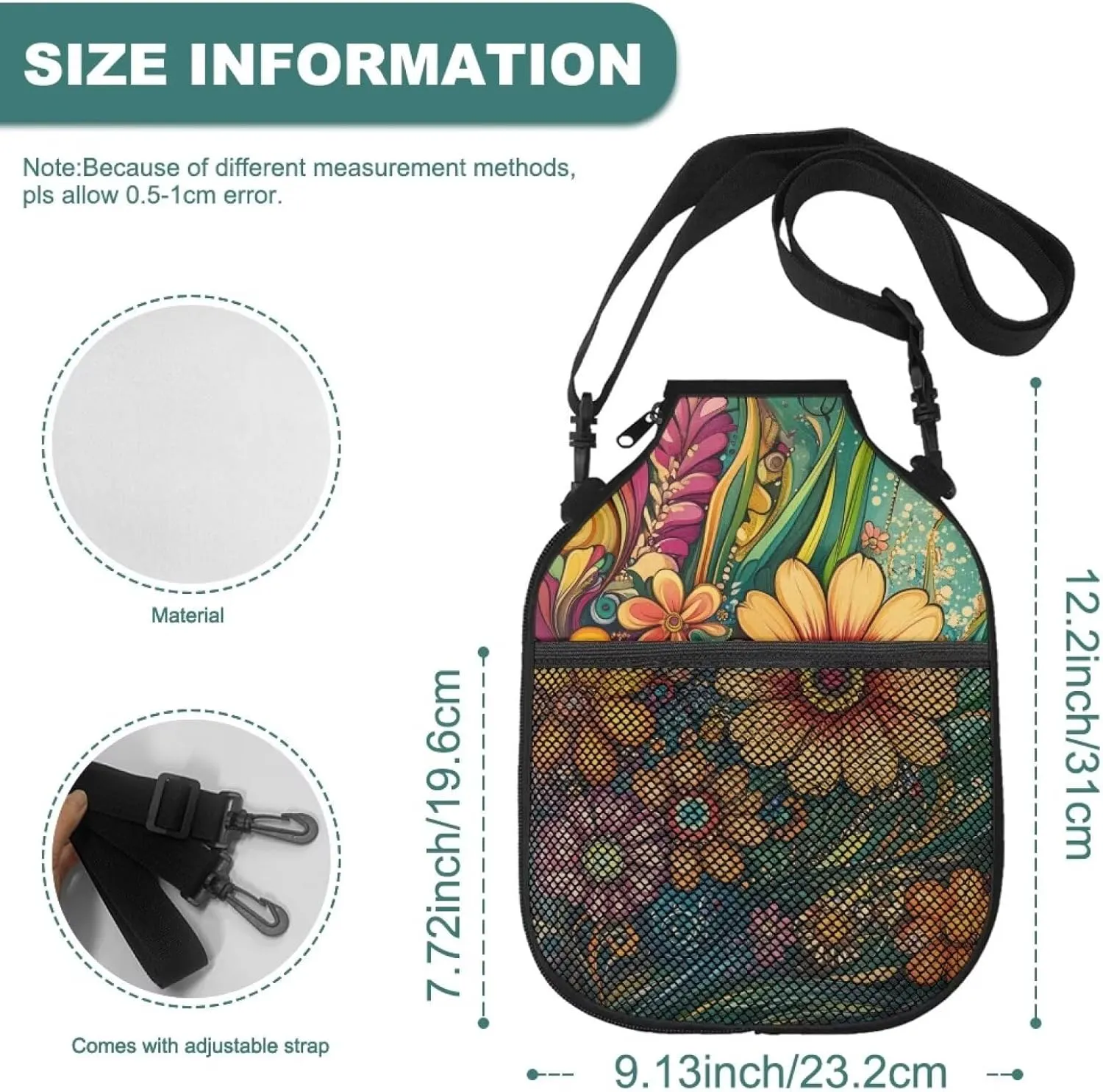 Boho Flower Pickleball Paddle Cover Mesh Ball Storage Racket Sleeve Lightweight Zipper Case for Outdoor Training