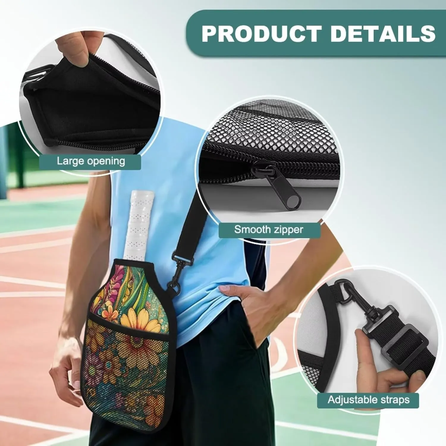 Boho Flower Pickleball Paddle Cover Mesh Ball Storage Racket Sleeve Lightweight Zipper Case for Outdoor Training