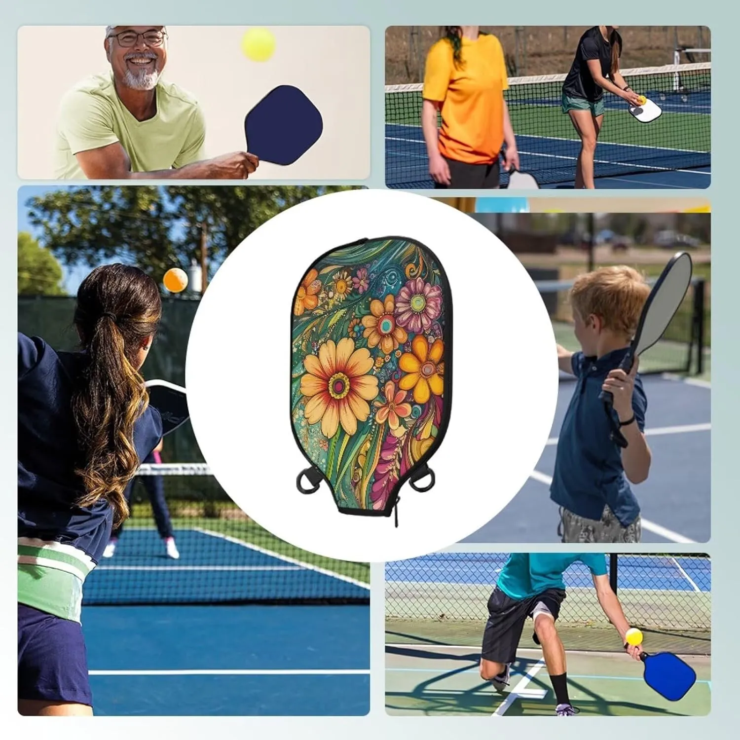 Boho Flower Pickleball Paddle Cover Mesh Ball Storage Racket Sleeve Lightweight Zipper Case for Outdoor Training