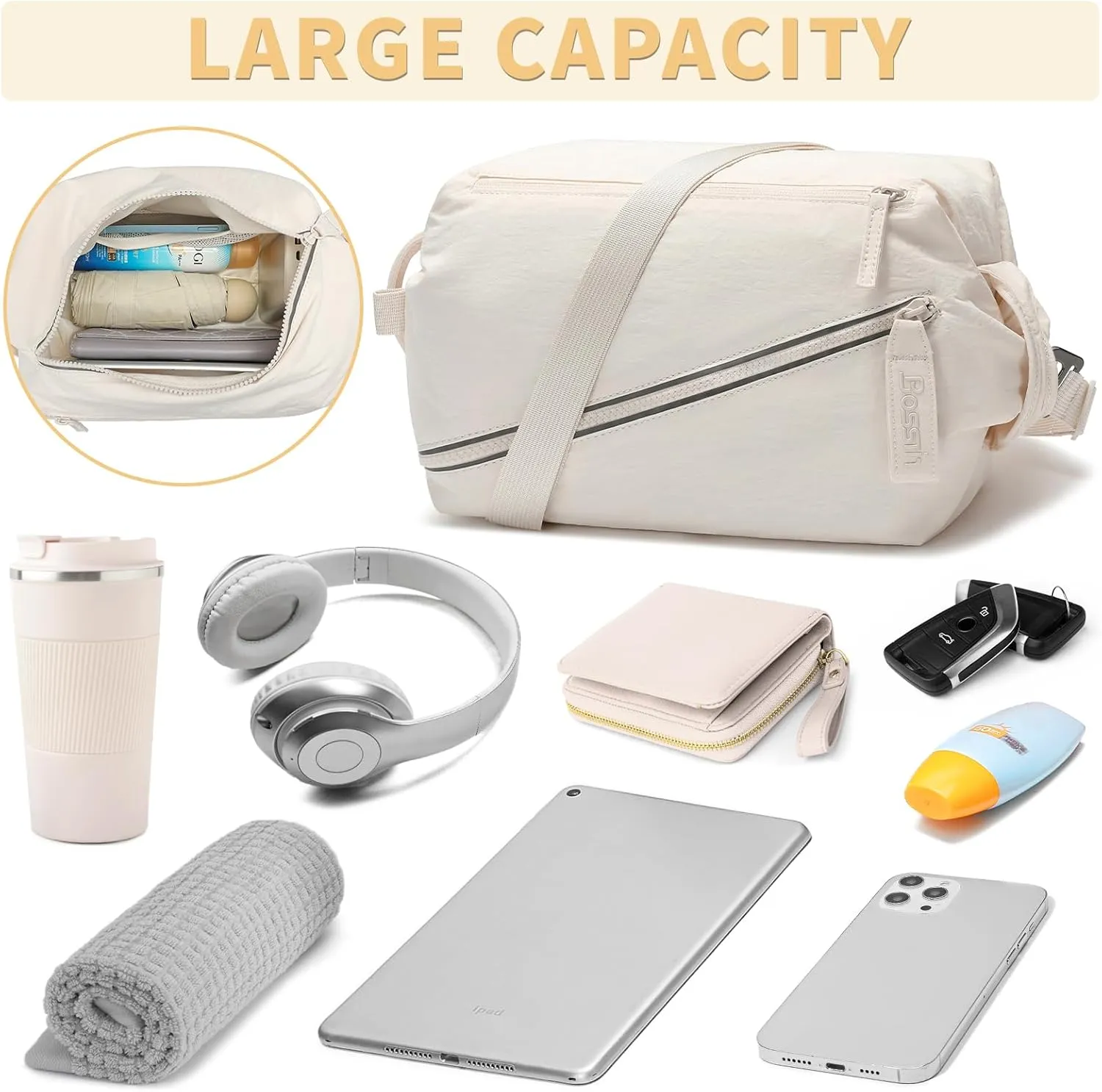 BOSSTIN Small Gym Bag for Women Men, Small Duffle Bag Crossbody Bags for Women, Lightweight Compact Sports Bag for Gym Work Fitness Travel, 3 in 1 Workout Bag-Beige