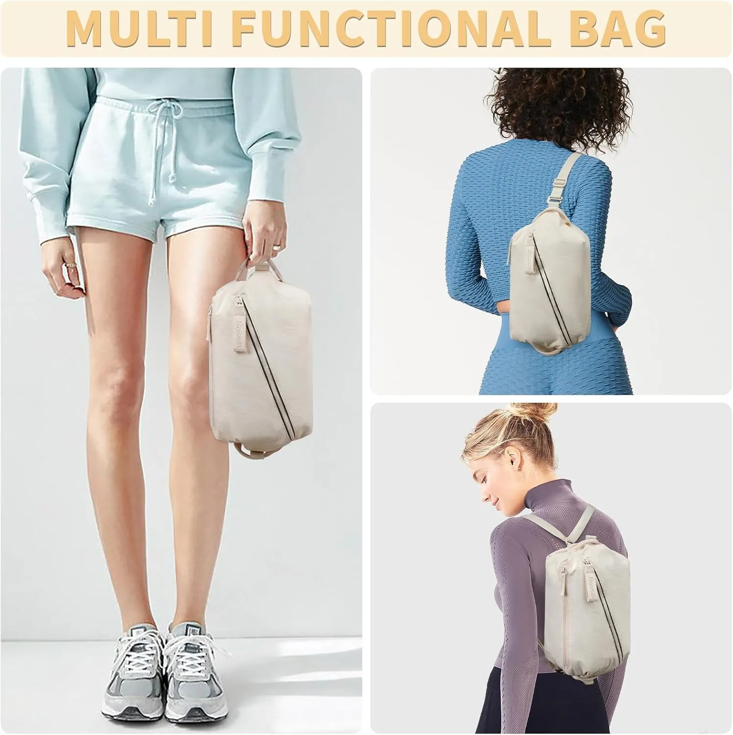 BOSSTIN Small Gym Bag for Women Men, Small Duffle Bag Crossbody Bags for Women, Lightweight Compact Sports Bag for Gym Work Fitness Travel, 3 in 1 Workout Bag-Beige