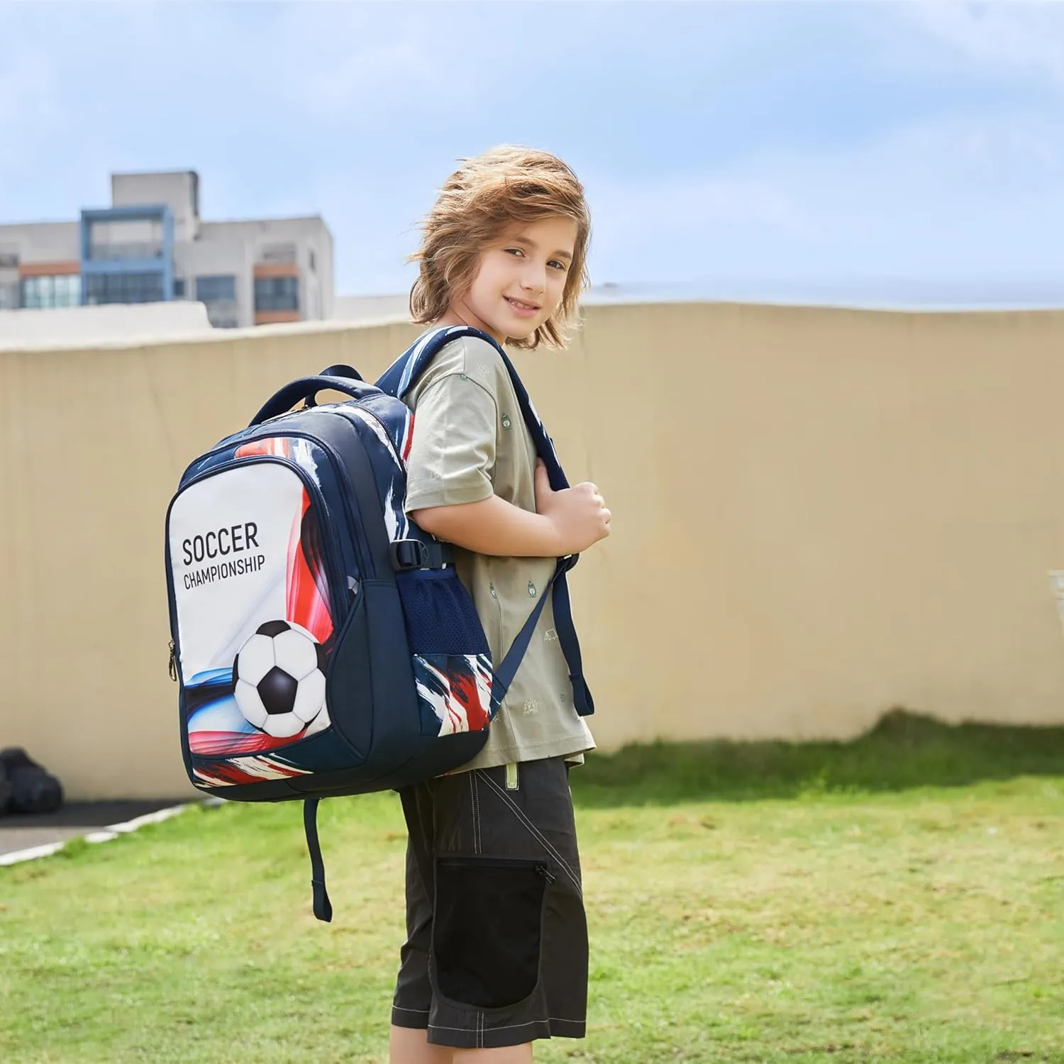 Boys Backpack Kids Bookbag Durable Elementary Middle School Bags Soccer 18in (white)