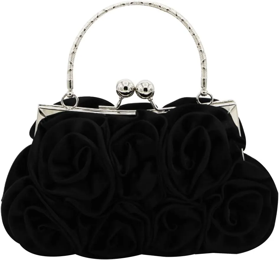 Buddy Women Rose Shaped Clutch Soft Satin Wristlet Handbag Wedding Party Purse