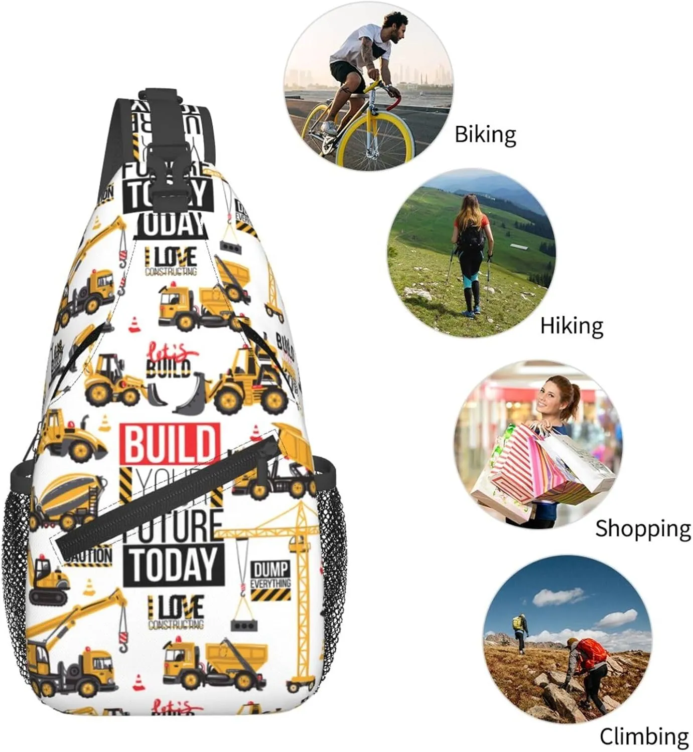 Build Your Future Today Constructing Tool Cars Chest Sling Bag Crossbody Shoulder Backpack Bag Gym Cycling Daypack Travel Hiking Cross Bag