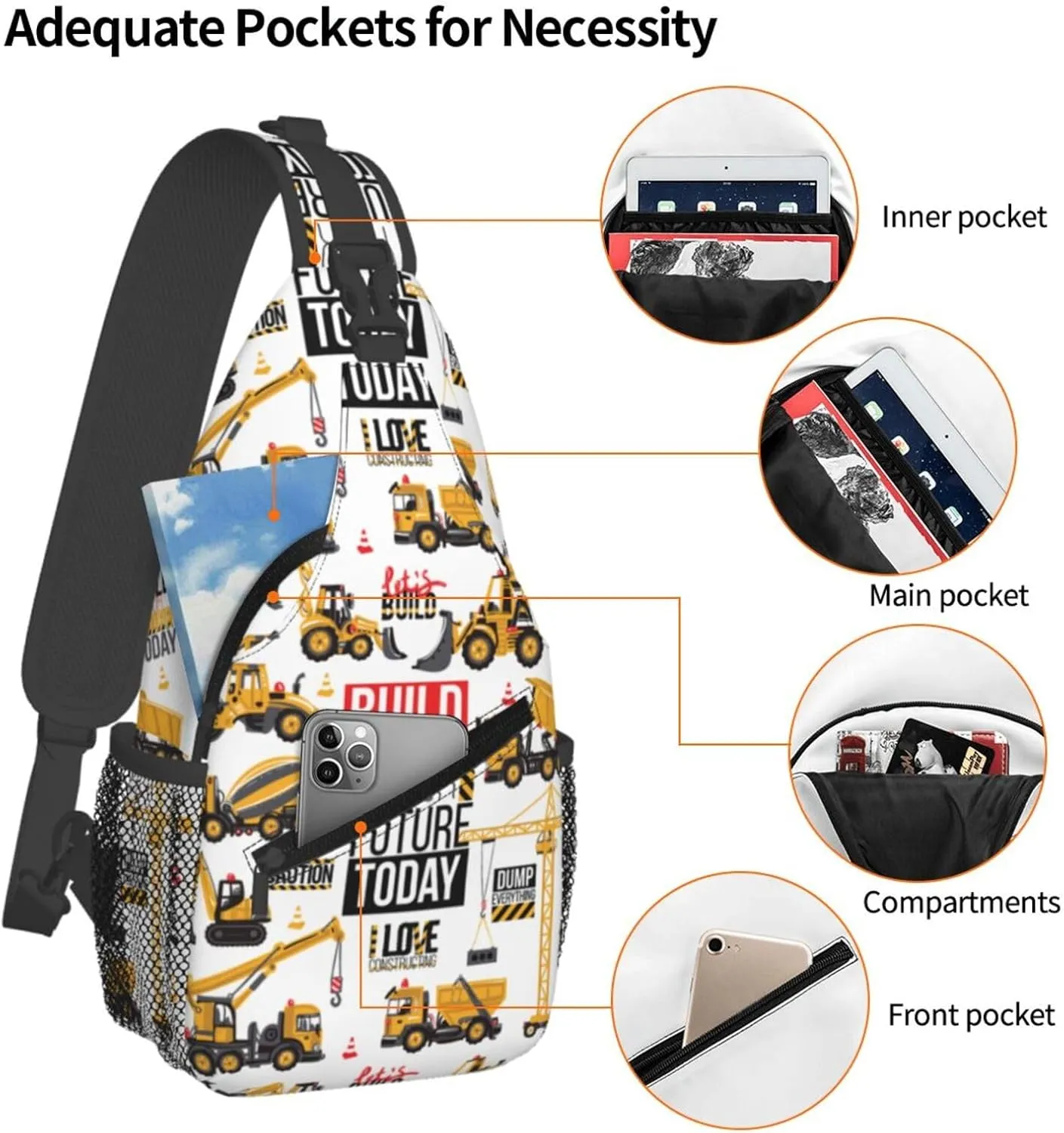 Build Your Future Today Constructing Tool Cars Chest Sling Bag Crossbody Shoulder Backpack Bag Gym Cycling Daypack Travel Hiking Cross Bag