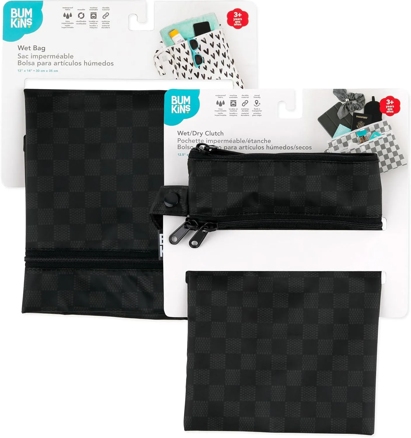 Bumkins Waterproof Wet Bag and Wet Dry Clutch Bags for Baby, Travel, Swim Suit, Cloth Diapers, Pump Parts, Pool, Gym Clothes, Toiletry, Hook to Stroller, Daycare, Zip Packing Pouch, 2-pc Black Check