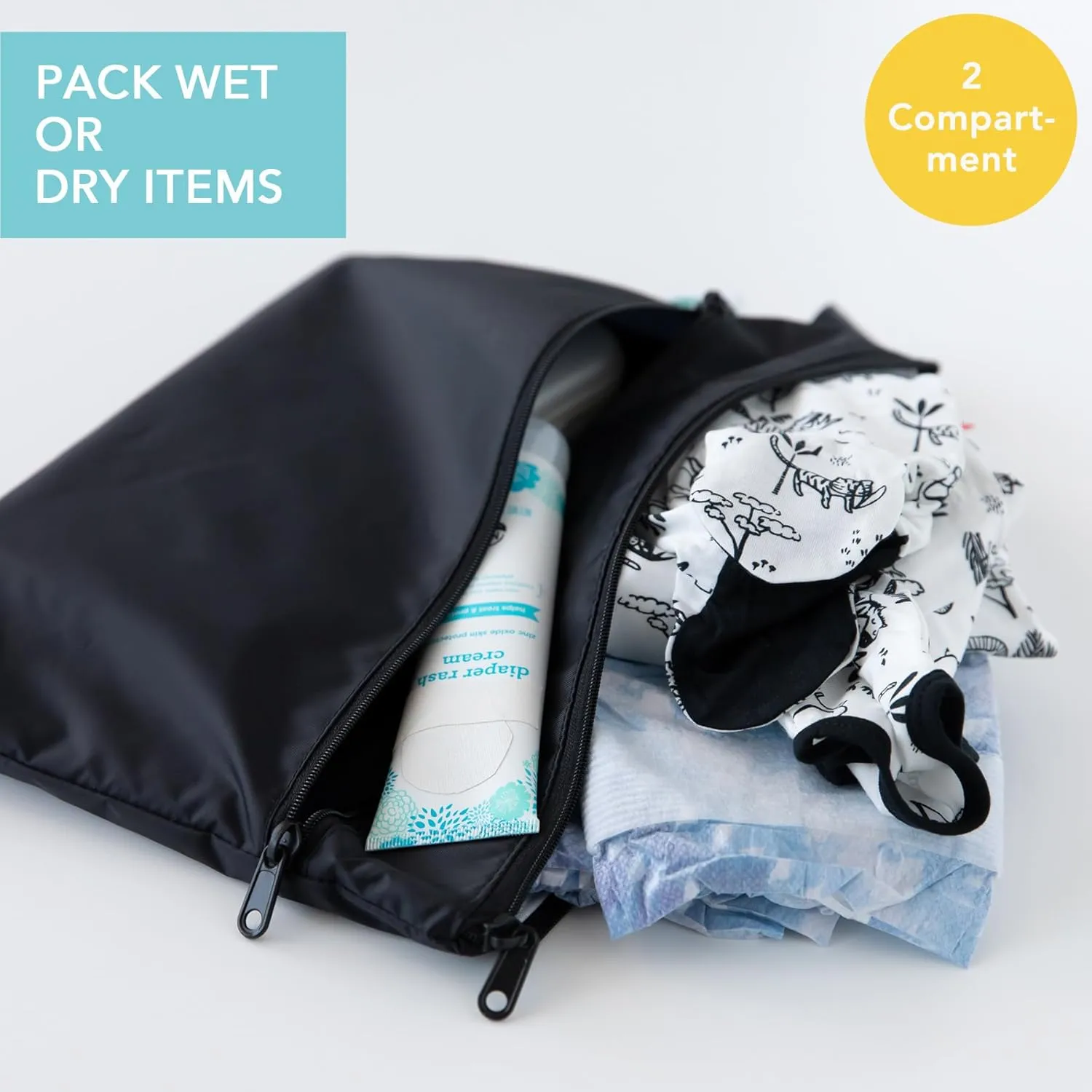 Bumkins Waterproof Wet Bag and Wet Dry Clutch Bags for Baby, Travel, Swim Suit, Cloth Diapers, Pump Parts, Pool, Gym Clothes, Toiletry, Hook to Stroller, Daycare, Zip Packing Pouch, 2-pc Black Check