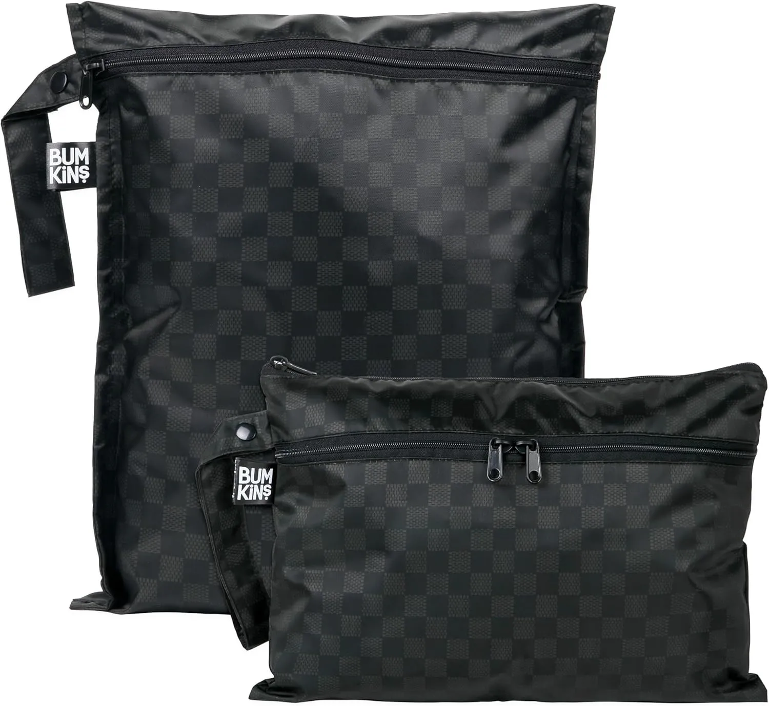 Bumkins Waterproof Wet Bag and Wet Dry Clutch Bags for Baby, Travel, Swim Suit, Cloth Diapers, Pump Parts, Pool, Gym Clothes, Toiletry, Hook to Stroller, Daycare, Zip Packing Pouch, 2-pc Black Check
