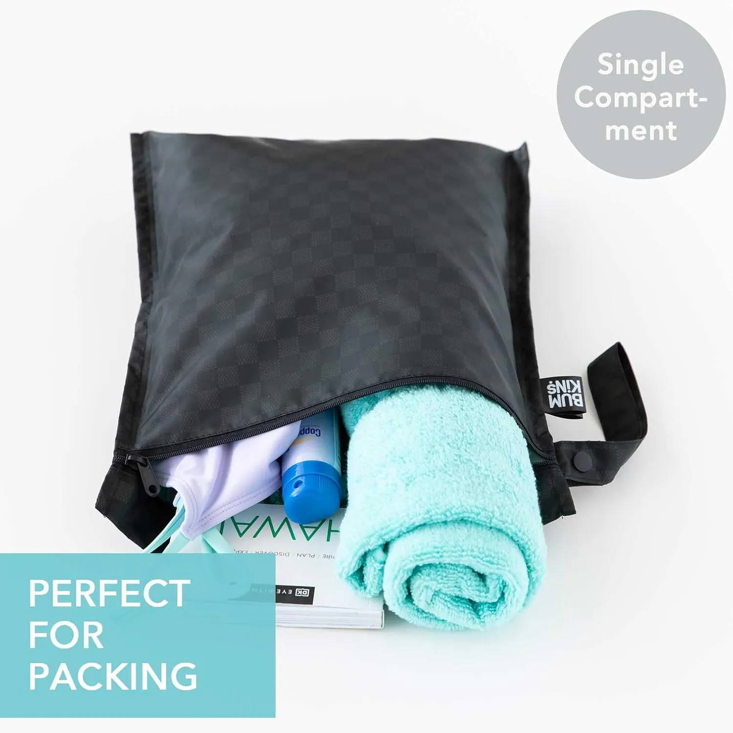 Bumkins Waterproof Wet Bag and Wet Dry Clutch Bags for Baby, Travel, Swim Suit, Cloth Diapers, Pump Parts, Pool, Gym Clothes, Toiletry, Hook to Stroller, Daycare, Zip Packing Pouch, 2-pc Black Check
