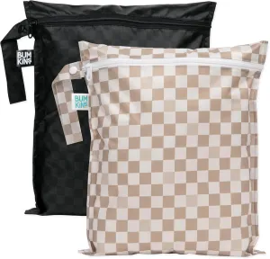 Bumkins Waterproof Wet Bag for Baby, Travel, Swim Suit, Cloth Diapers, Pump Parts, Pool, Beach, Gym Clothes, Toiletry, Hook to Stroller, Daycare, Zip Reusable Wetdry Pack, 2-pk Beige and Black Check