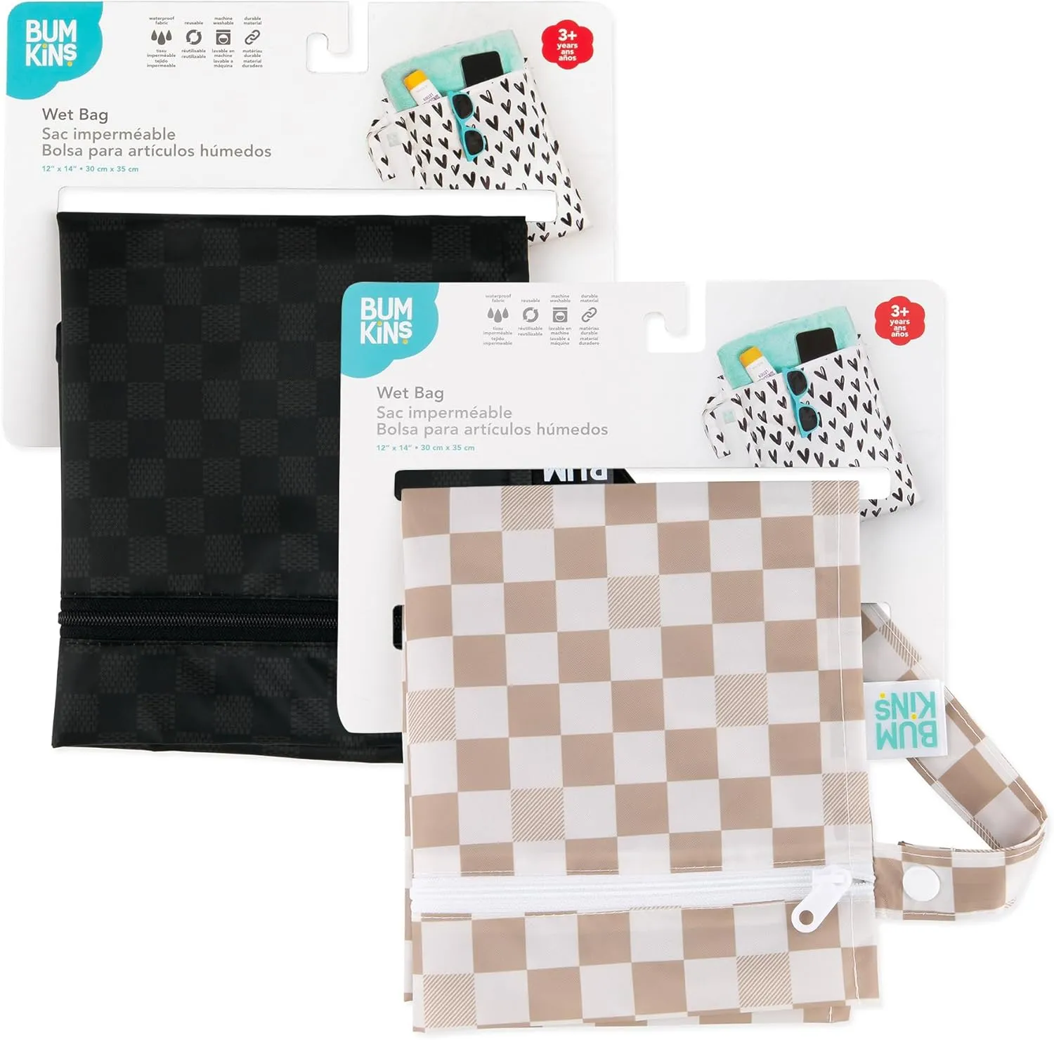 Bumkins Waterproof Wet Bag for Baby, Travel, Swim Suit, Cloth Diapers, Pump Parts, Pool, Beach, Gym Clothes, Toiletry, Hook to Stroller, Daycare, Zip Reusable Wetdry Pack, 2-pk Beige and Black Check