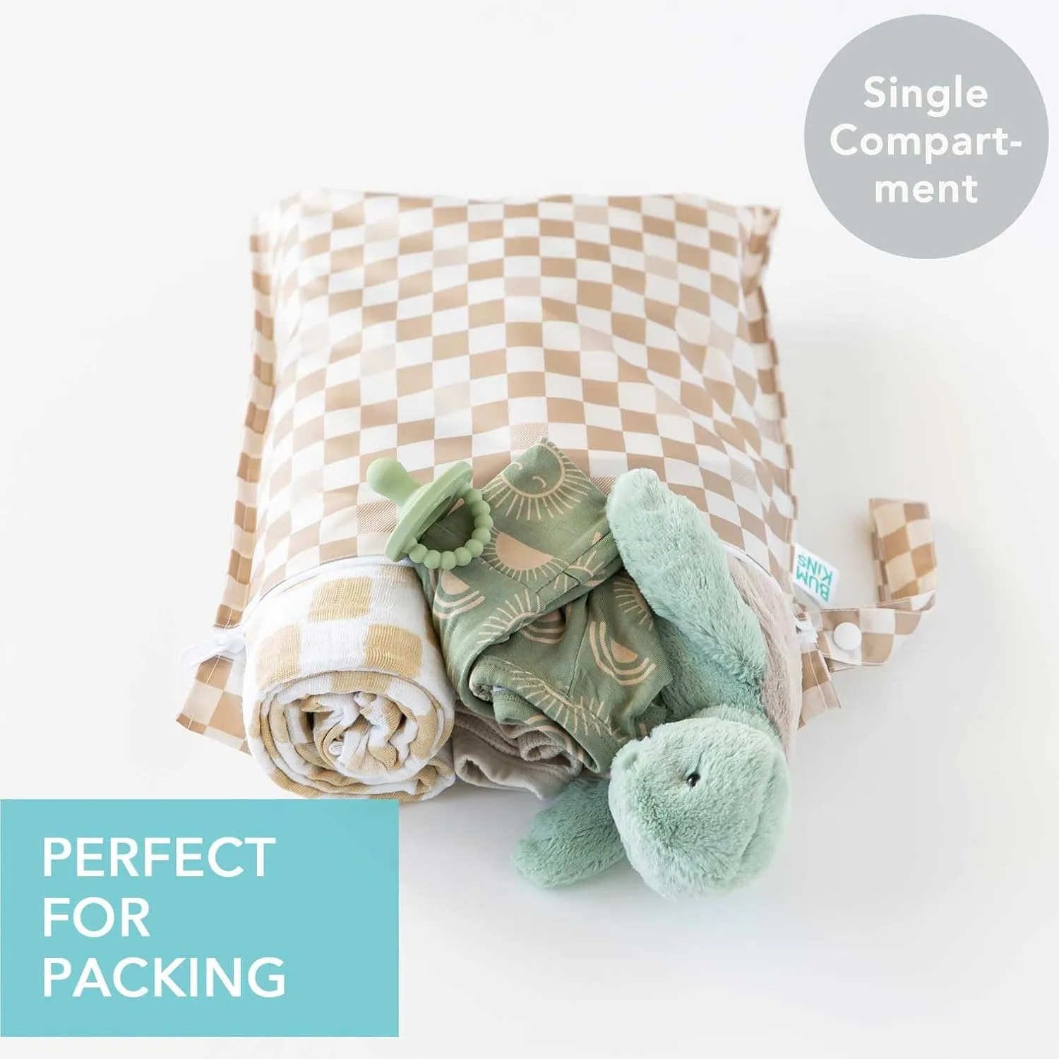 Bumkins Waterproof Wet Bag for Baby, Travel, Swim Suit, Cloth Diapers, Pump Parts, Pool, Beach, Gym Clothes, Toiletry, Hook to Stroller, Daycare, Zip Reusable Wetdry Pack, 2-pk Beige and Black Check