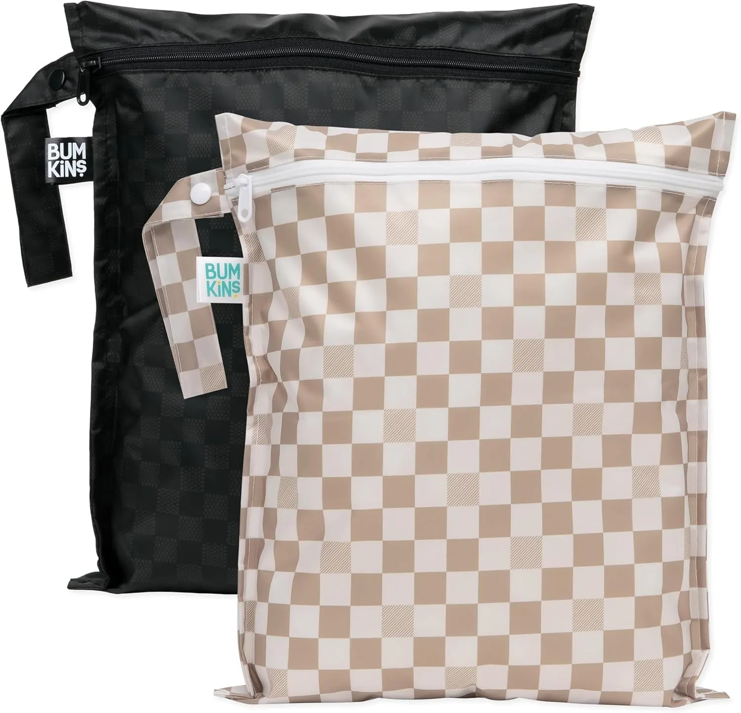 Bumkins Waterproof Wet Bag for Baby, Travel, Swim Suit, Cloth Diapers, Pump Parts, Pool, Beach, Gym Clothes, Toiletry, Hook to Stroller, Daycare, Zip Reusable Wetdry Pack, 2-pk Beige and Black Check