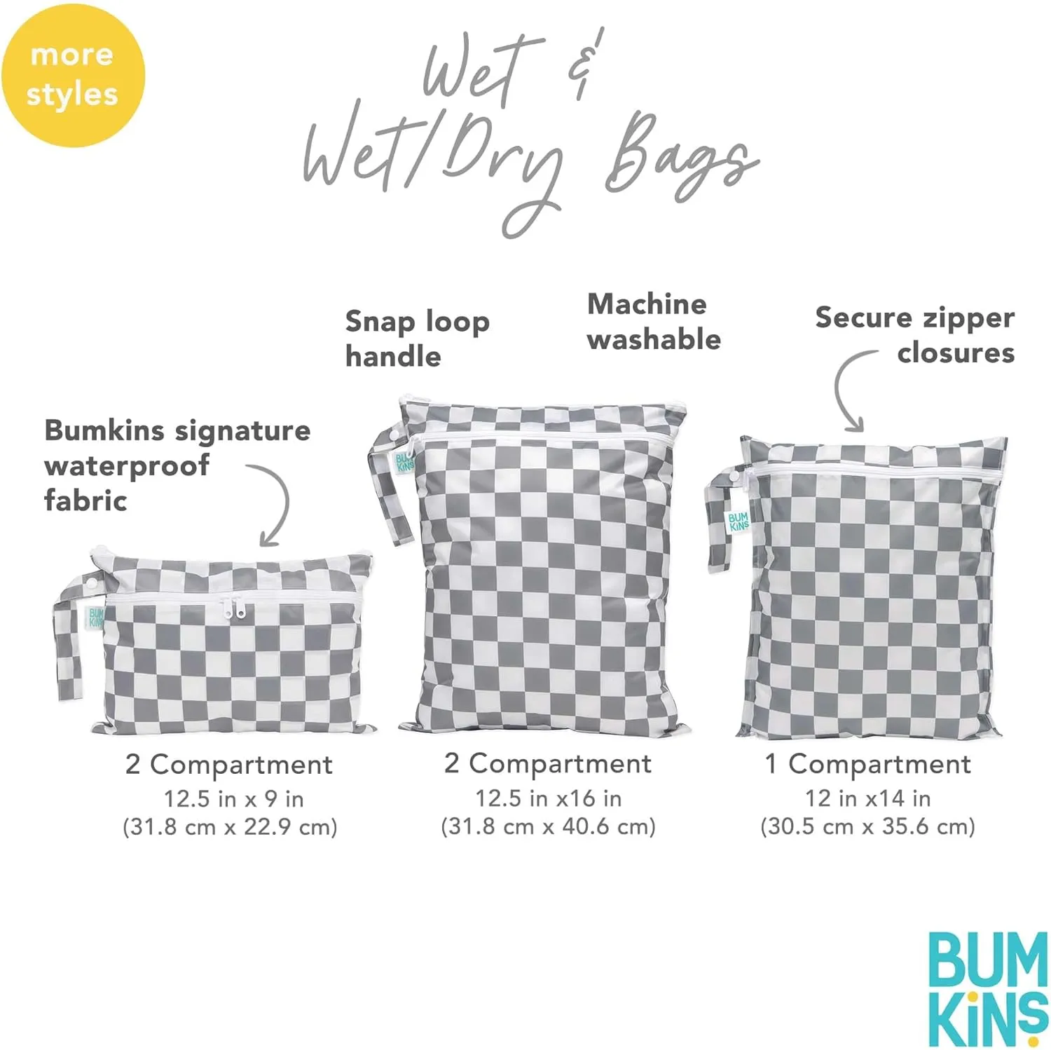 Bumkins Waterproof Wet Bag for Baby, Travel, Swim Suit, Cloth Diapers, Pump Parts, Pool, Beach, Gym Clothes, Toiletry, Hook to Stroller, Daycare, Zip Reusable Wetdry Pack, 2-pk Beige and Black Check