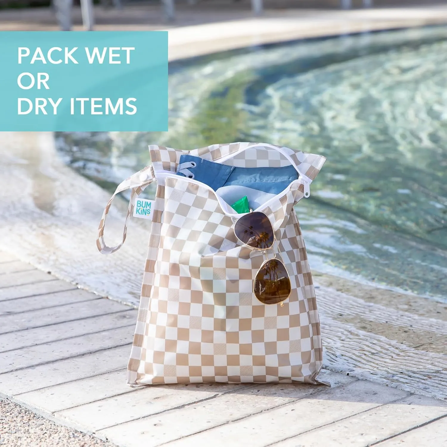 Bumkins Waterproof Wet Bag for Baby, Travel, Swim Suit, Cloth Diapers, Pump Parts, Pool, Beach, Gym Clothes, Toiletry, Hook to Stroller, Daycare, Zip Reusable Wetdry Pack, 2-pk Beige and Black Check