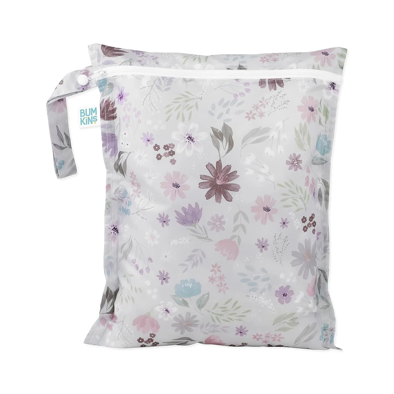 Bumkins Waterproof Wet Bag for Baby, Travel, Swim Suit, Cloth Diapers, Pump Parts, Pool, Beach, Gym Clothes, Toiletry, Hook to Stroller, Daycare, Zipper Reusable Wetdry Packing Pouch, Florals Gray