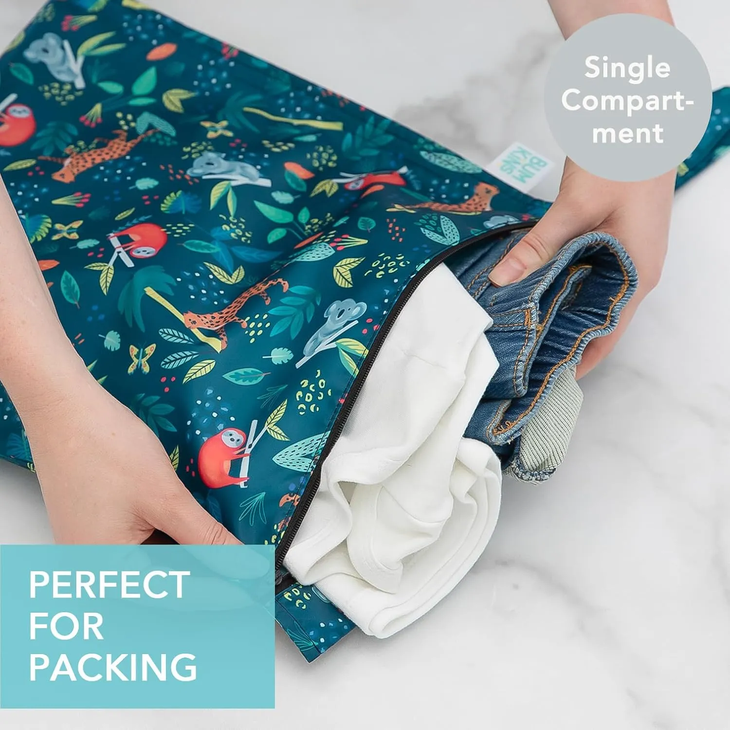 Bumkins Waterproof Wet Bag for Baby, Travel, Swim Suit, Cloth Diapers, Pump Parts, Pool, Beach, Gym Clothes, Toiletry, Hook to Stroller, Daycare, Zipper Reusable Wetdry Packing Pouch, Jungle