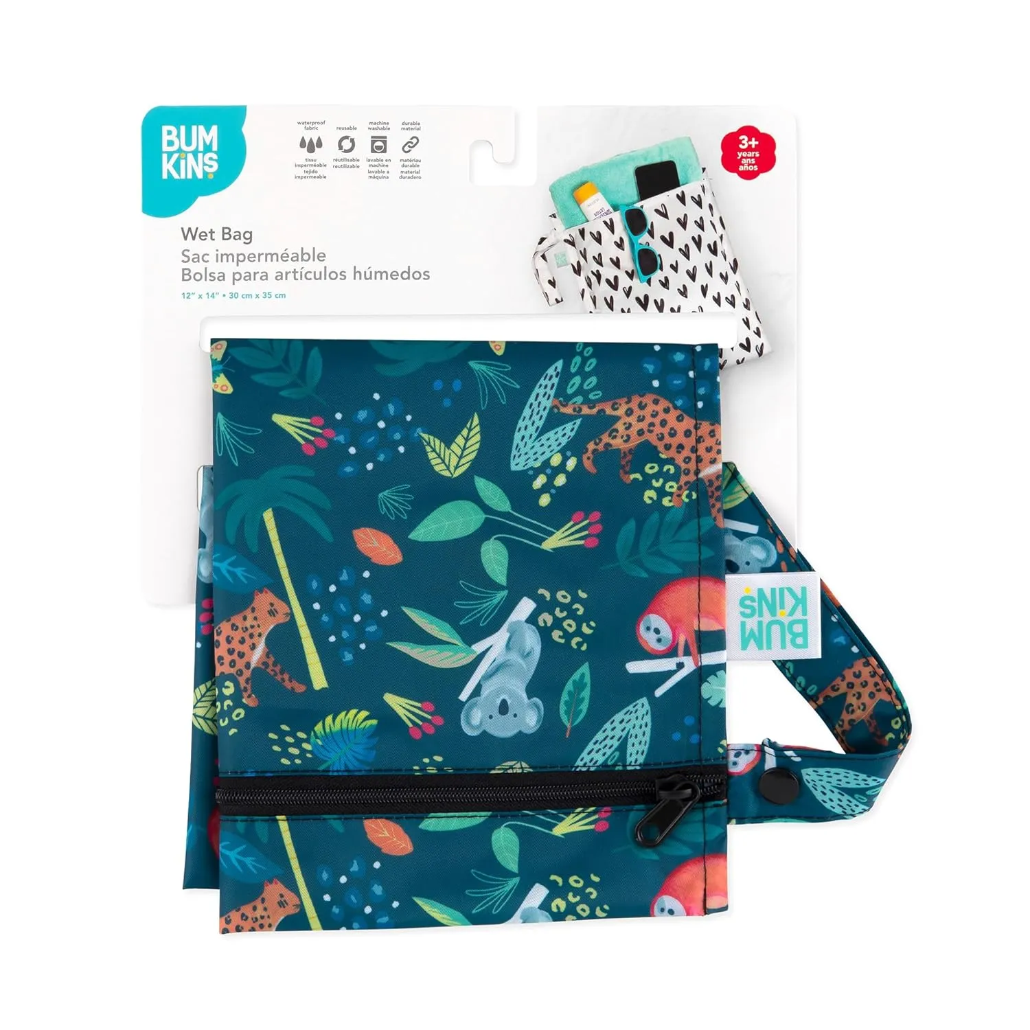 Bumkins Waterproof Wet Bag for Baby, Travel, Swim Suit, Cloth Diapers, Pump Parts, Pool, Beach, Gym Clothes, Toiletry, Hook to Stroller, Daycare, Zipper Reusable Wetdry Packing Pouch, Jungle