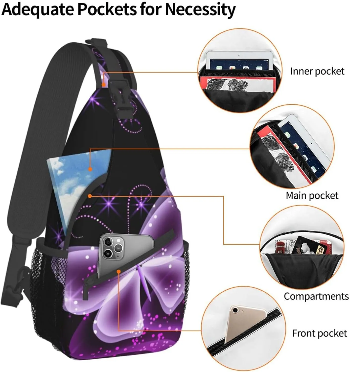 Butterfly Pattern Sling Bag for Men Women Crossbody Sling Backpack Hiking Travel Daypack Shoulder Chest Bag with Adjustable Strap