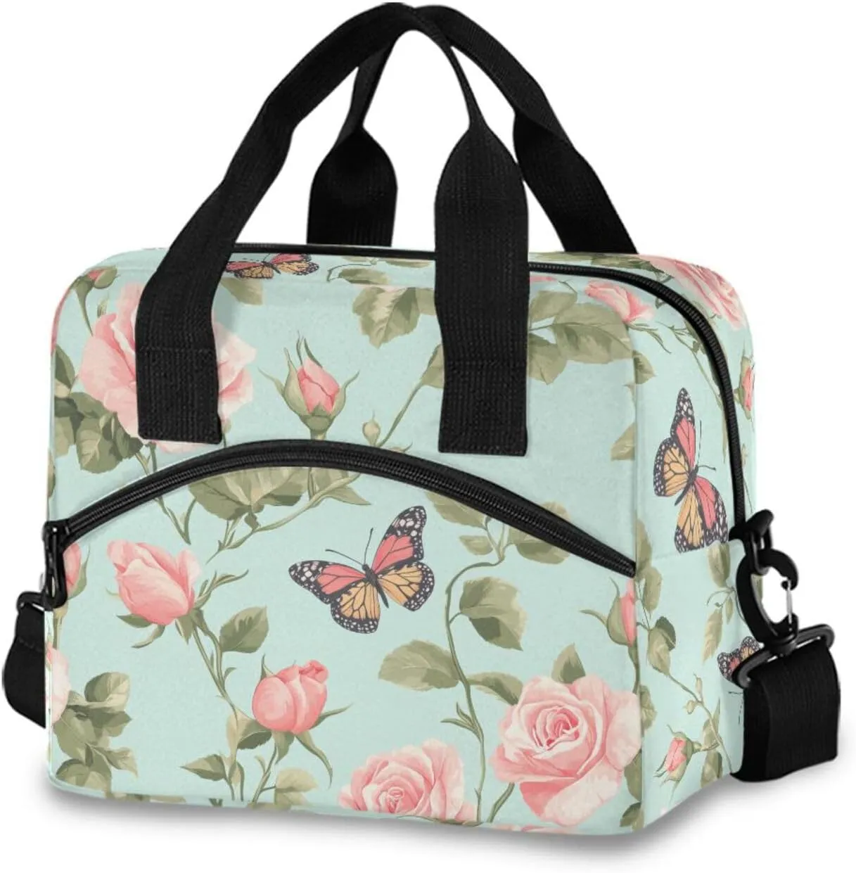 Butterfly Rose Lunch Cooler Bag Crossbody or Handheld Design with 10L Capacity, Full Print Insulated Interior Great for Daily Meals & Outings