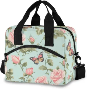 Butterfly Rose Lunch Cooler Bag Crossbody or Handheld Design with 10L Capacity, Full Print Insulated Interior Great for Daily Meals & Outings