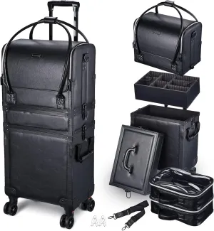 BYOOTIQUE 3 IN1 Rolling Makeup Case Leather Makeup Artist Travel Train Case Lockable Rolling Cosmetic Trolley with Removable Belt & Organizer Storage Hand Bag, Classic Black
