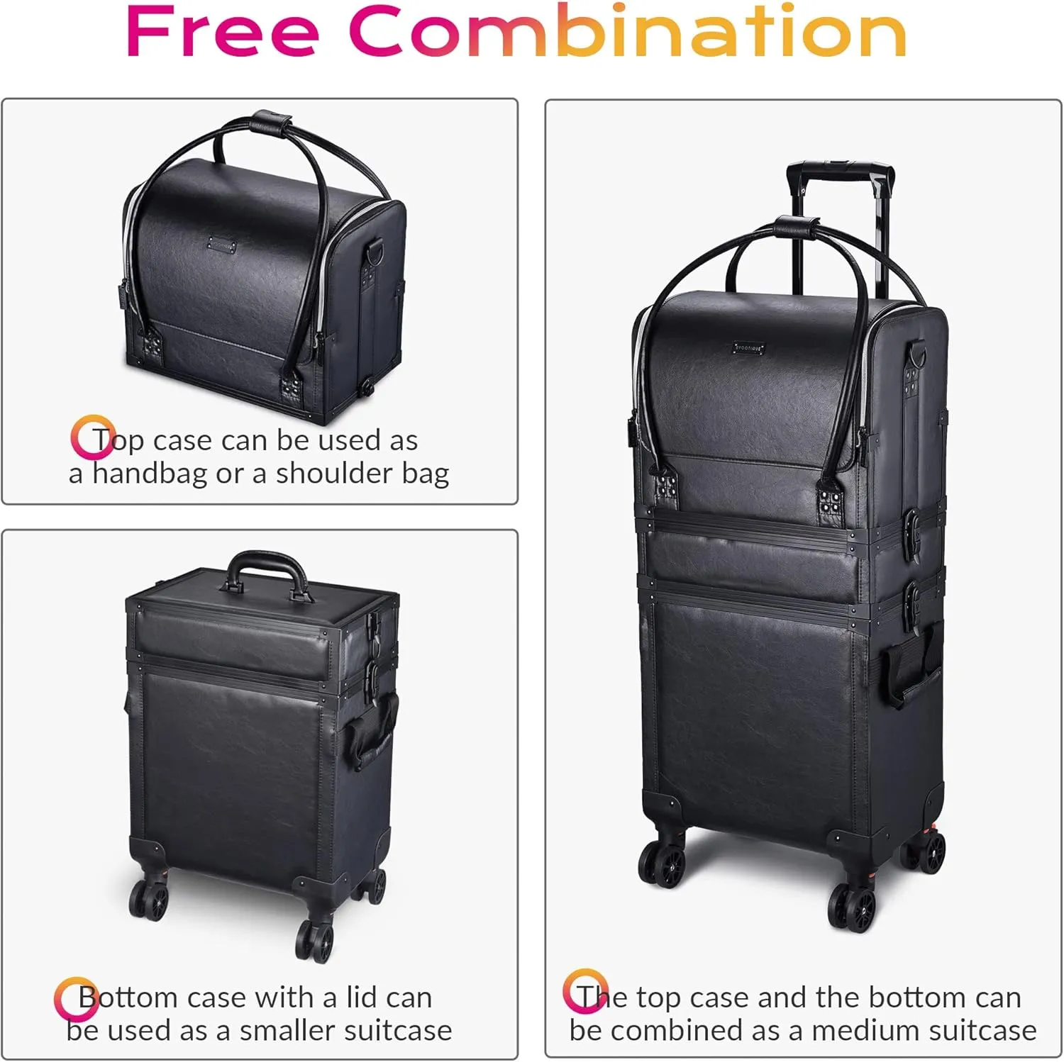 BYOOTIQUE 3 IN1 Rolling Makeup Case Leather Makeup Artist Travel Train Case Lockable Rolling Cosmetic Trolley with Removable Belt & Organizer Storage Hand Bag, Classic Black