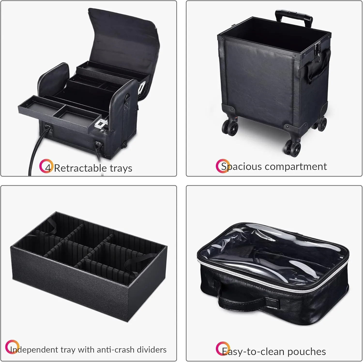 BYOOTIQUE 3 IN1 Rolling Makeup Case Leather Makeup Artist Travel Train Case Lockable Rolling Cosmetic Trolley with Removable Belt & Organizer Storage Hand Bag, Classic Black