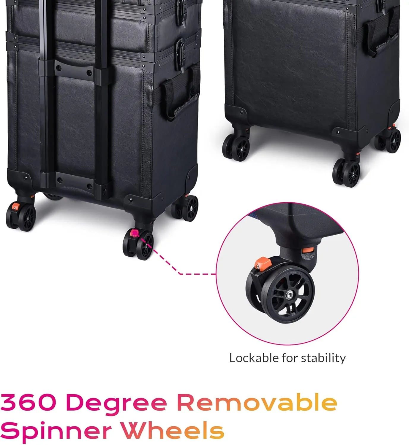 BYOOTIQUE 3 IN1 Rolling Makeup Case Leather Makeup Artist Travel Train Case Lockable Rolling Cosmetic Trolley with Removable Belt & Organizer Storage Hand Bag, Classic Black