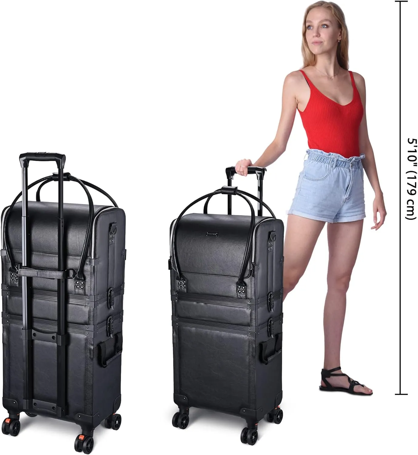 BYOOTIQUE 3 IN1 Rolling Makeup Case Leather Makeup Artist Travel Train Case Lockable Rolling Cosmetic Trolley with Removable Belt & Organizer Storage Hand Bag, Classic Black