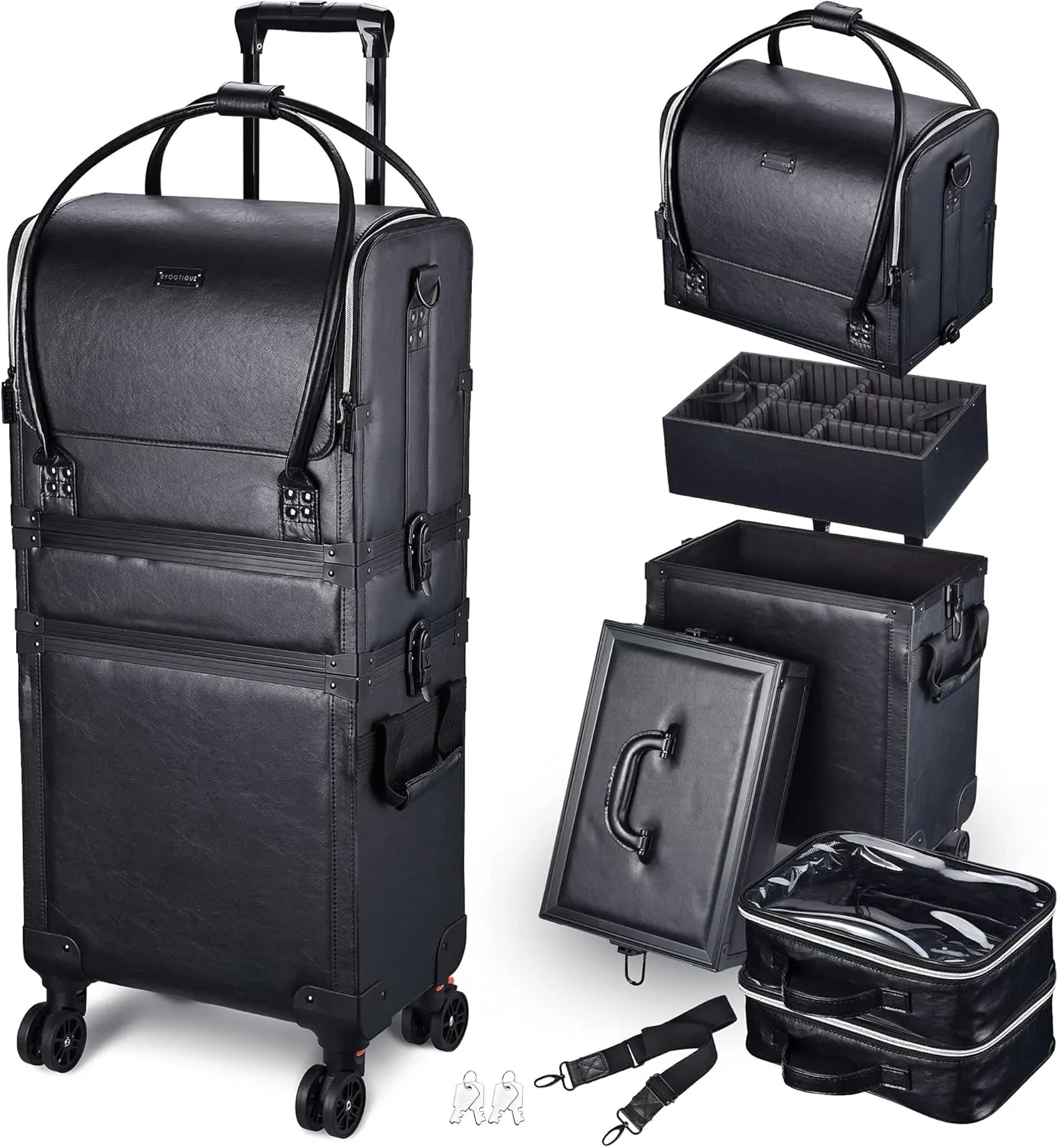 BYOOTIQUE 3 IN1 Rolling Makeup Case Leather Makeup Artist Travel Train Case Lockable Rolling Cosmetic Trolley with Removable Belt & Organizer Storage Hand Bag, Classic Black