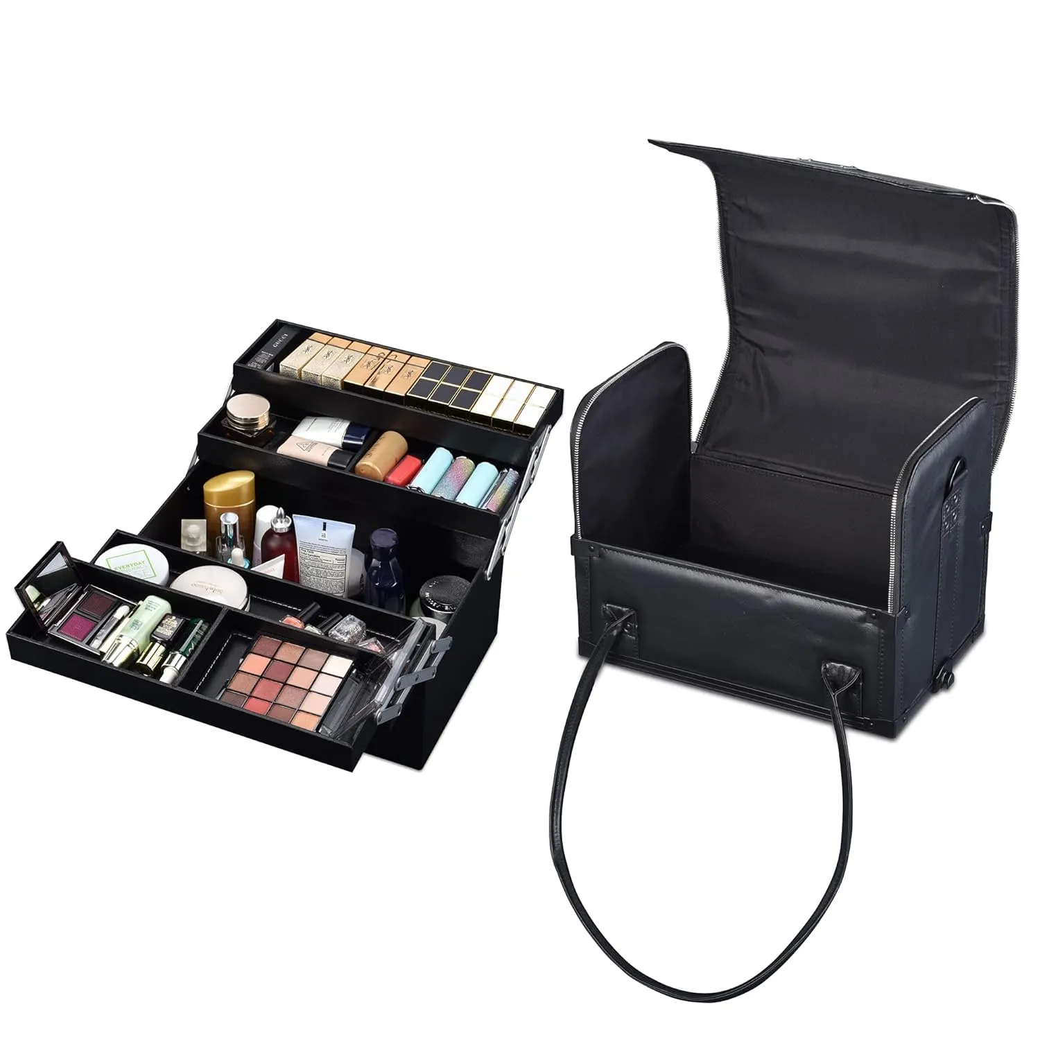 BYOOTIQUE 3IN1 Rolling Makeup Case Travel Organizer Cosmetic Case Travel Train Case Lockable Rolling Leather Trolley Organizer Storage Hand Bag For Makeup Lover Artist (Classic Black)