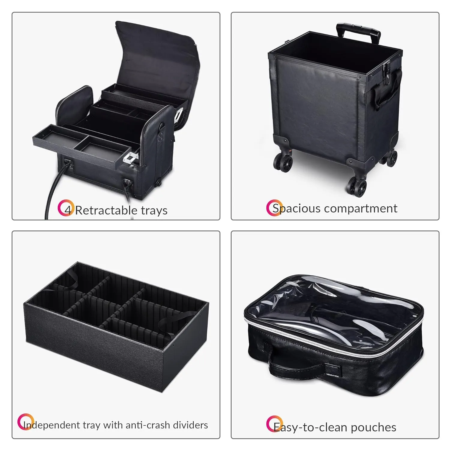 BYOOTIQUE 3IN1 Rolling Makeup Case Travel Organizer Cosmetic Case Travel Train Case Lockable Rolling Leather Trolley Organizer Storage Hand Bag For Makeup Lover Artist (Classic Black)
