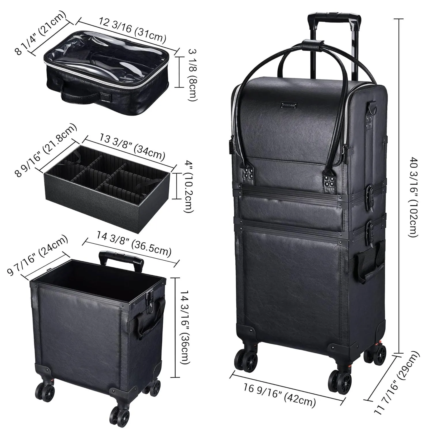 BYOOTIQUE 3IN1 Rolling Makeup Case Travel Organizer Cosmetic Case Travel Train Case Lockable Rolling Leather Trolley Organizer Storage Hand Bag For Makeup Lover Artist (Classic Black)