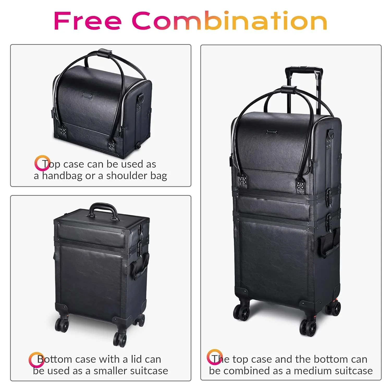 BYOOTIQUE 3IN1 Rolling Makeup Case Travel Organizer Cosmetic Case Travel Train Case Lockable Rolling Leather Trolley Organizer Storage Hand Bag For Makeup Lover Artist (Classic Black)