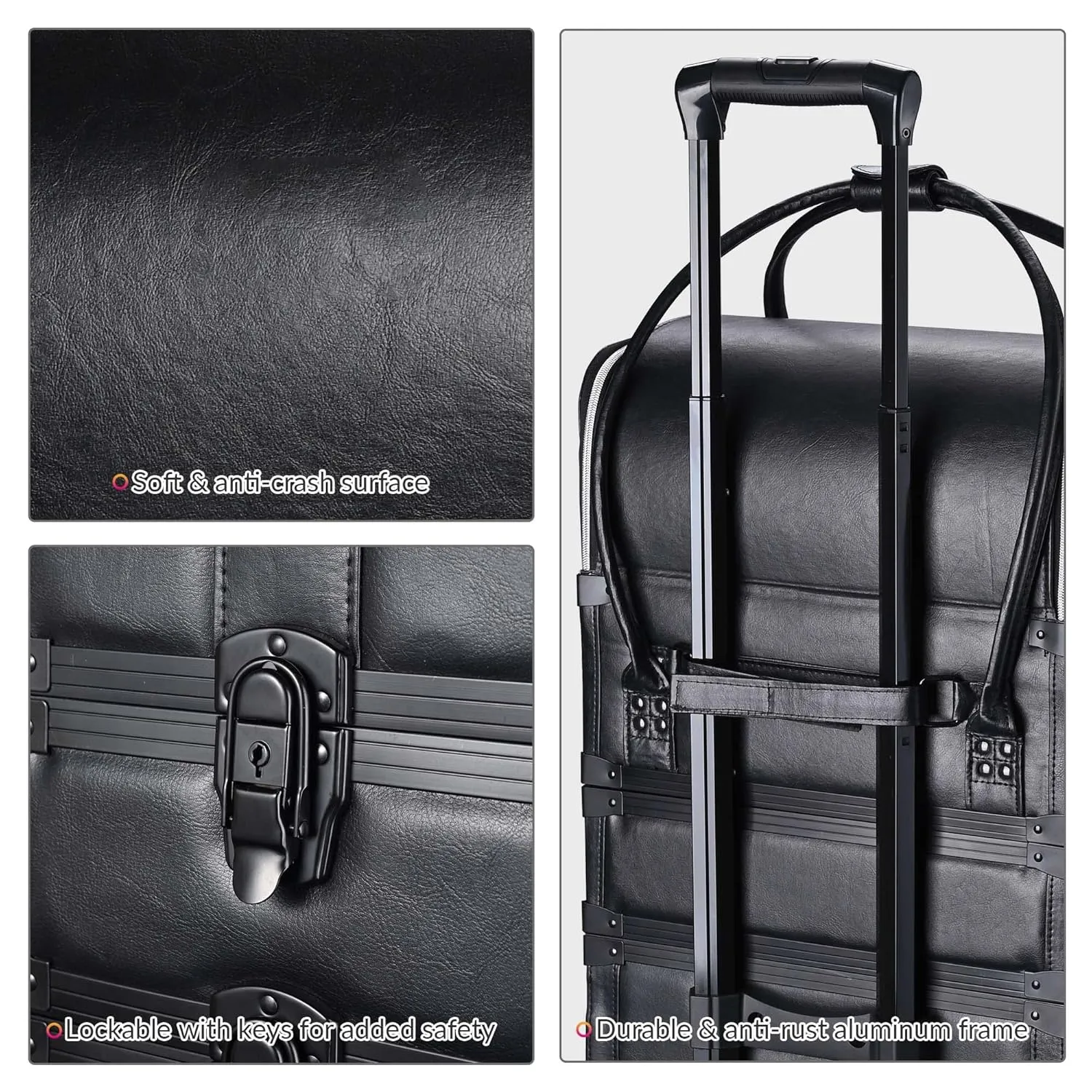 BYOOTIQUE 3IN1 Rolling Makeup Case Travel Organizer Cosmetic Case Travel Train Case Lockable Rolling Leather Trolley Organizer Storage Hand Bag For Makeup Lover Artist (Classic Black)