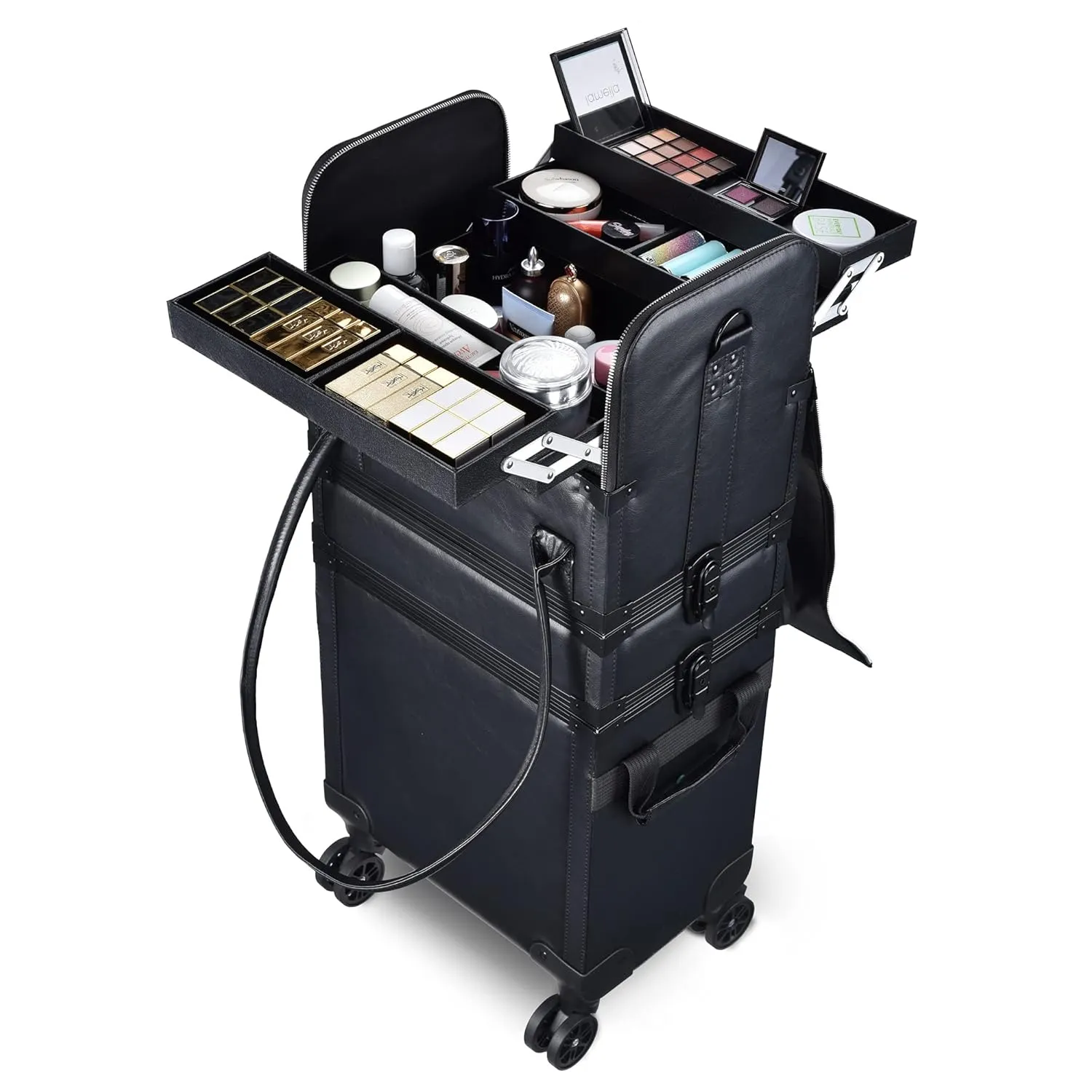 BYOOTIQUE 3IN1 Rolling Makeup Case Travel Organizer Cosmetic Case Travel Train Case Lockable Rolling Leather Trolley Organizer Storage Hand Bag For Makeup Lover Artist (Classic Black)