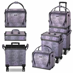 BYOOTIQUE 3IN1 Rolling Makeup Case Travel Organizer Cosmetic Case Travel Train Case Lockable Rolling Leather Trolley Organizer Storage Hand Bag For Makeup Lover Artist (Purple)