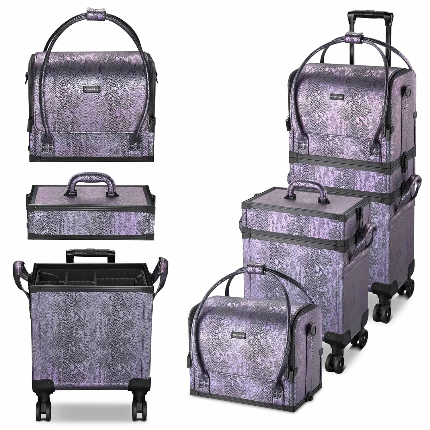 BYOOTIQUE 3IN1 Rolling Makeup Case Travel Organizer Cosmetic Case Travel Train Case Lockable Rolling Leather Trolley Organizer Storage Hand Bag For Makeup Lover Artist (Purple)