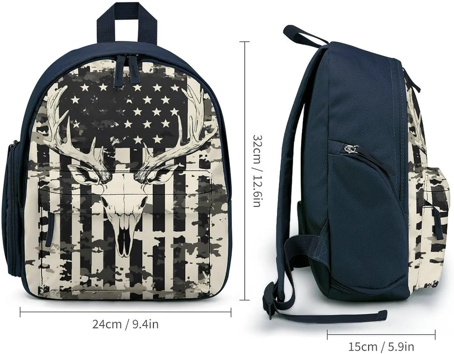 Camouflage U.S. Flag with Deer Skull Cute Backpack Shoulders Bag Casual Daypacks Travel Back Pack for Camping Hiking Blue-style