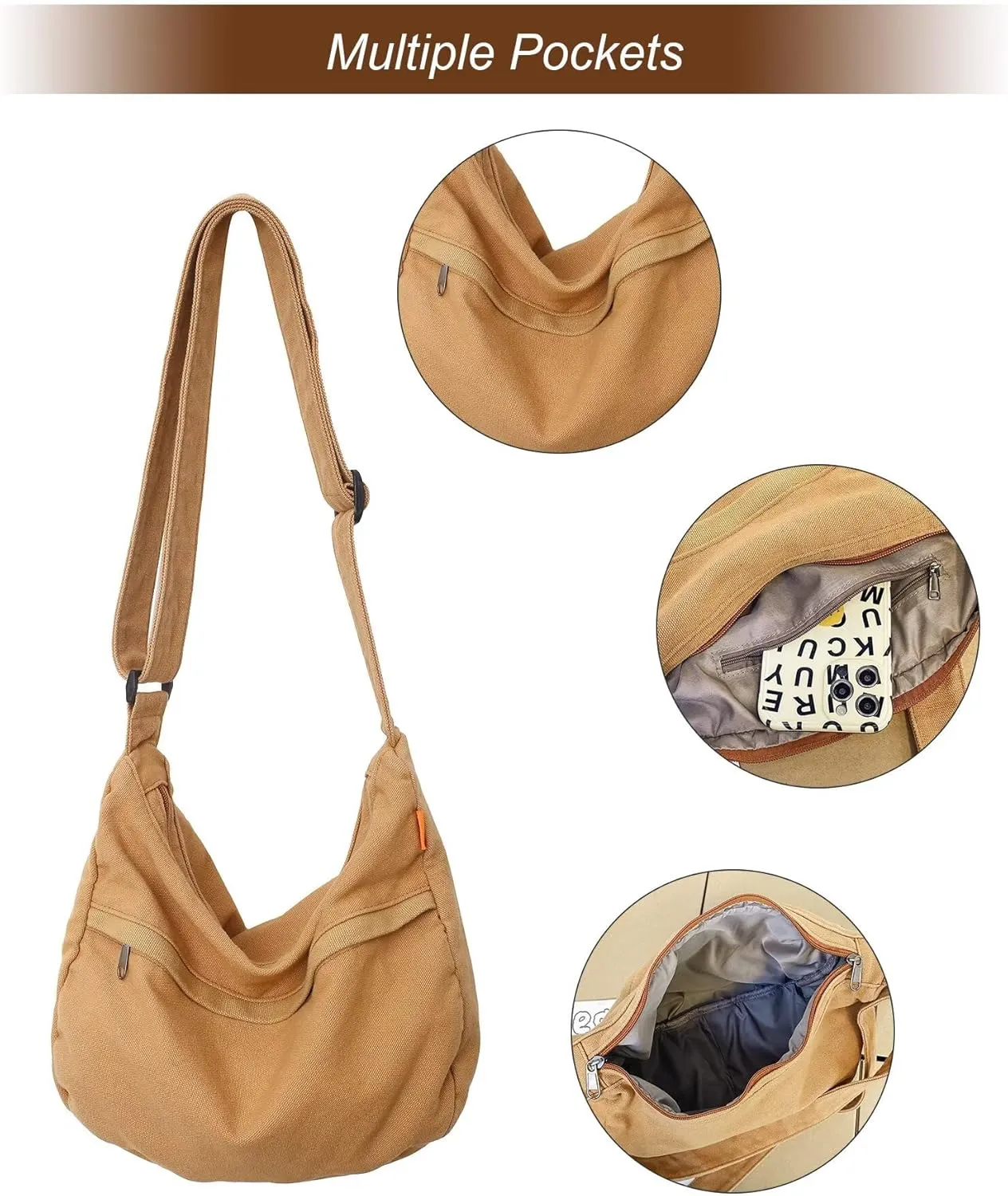 Canvas Crossbody Hobo Bag for Women, Casual Shoulder Messenger Bag with Adjustable Straps