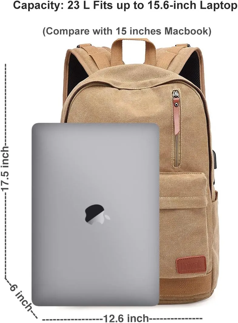 Canvas Laptop Backpack, Waterproof School Backpack With USB Charging College