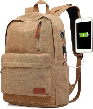 Canvas Laptop Backpack, Waterproof School Backpack With USB Charging College