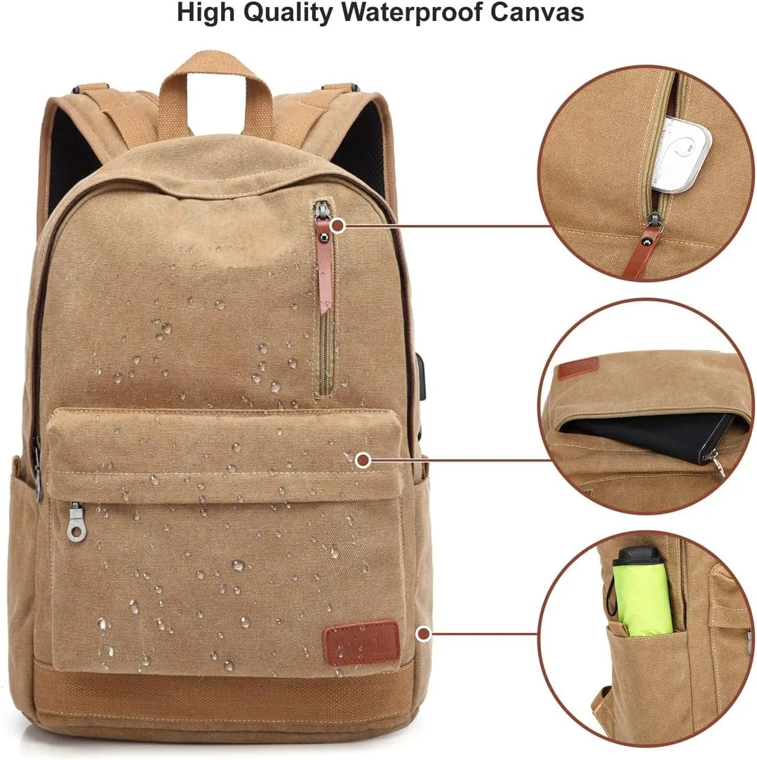 Canvas Laptop Backpack, Waterproof School Backpack With USB Charging College