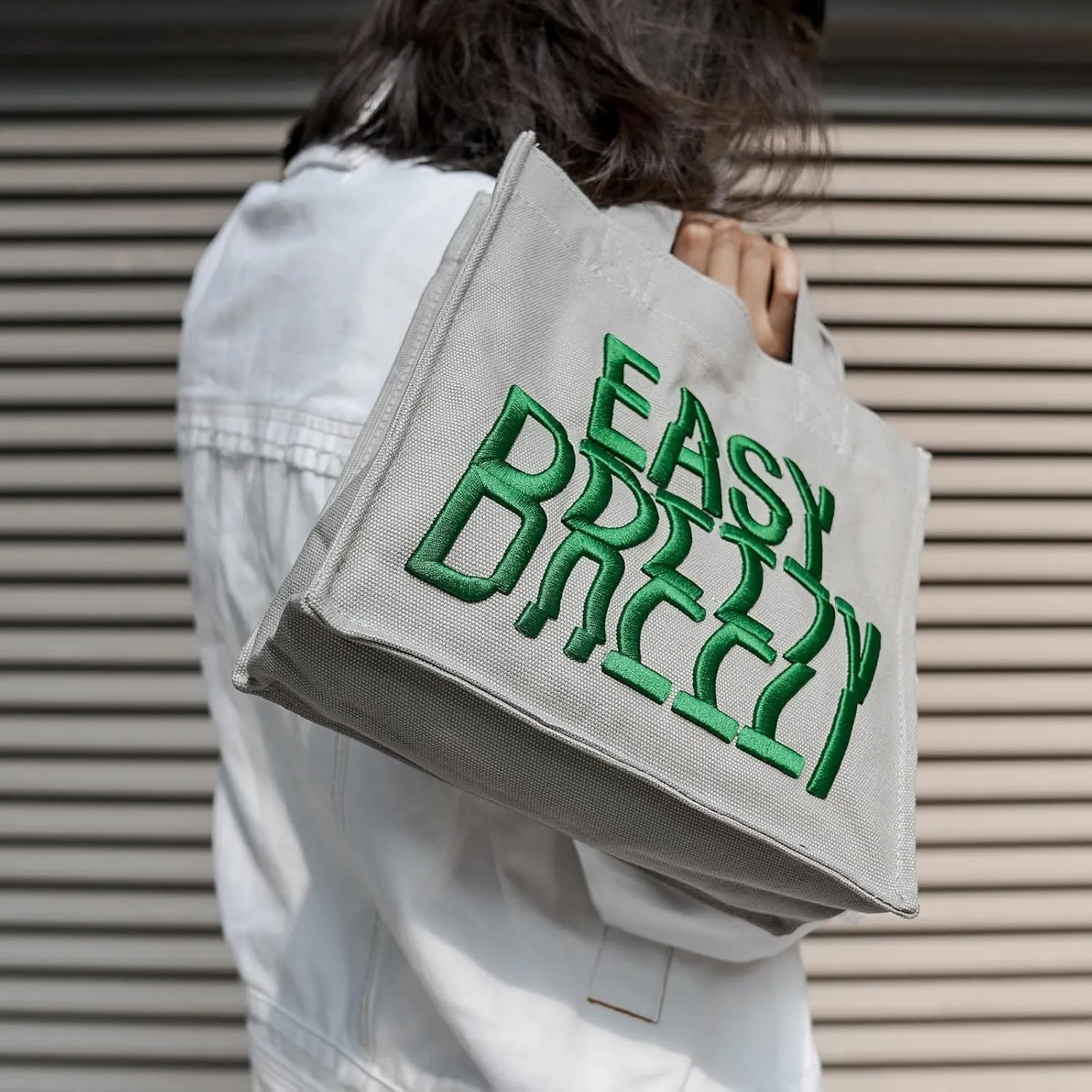 Canvas Tote Bag Square Embossed Embroidery Needlework Easy Breezy Handbag Grocery Reusable Washable Convenient