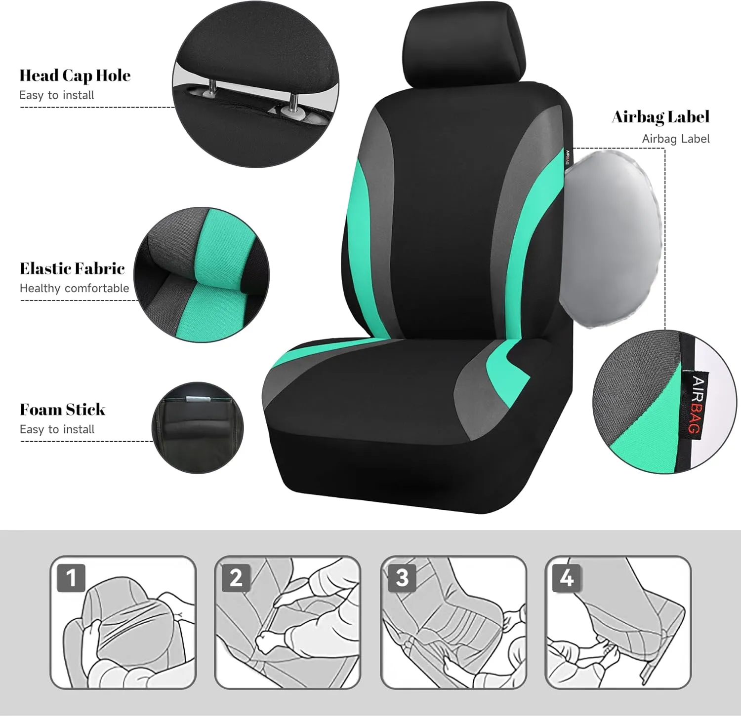 CAR PASS Line Rider Sporty Front Seat Covers,Mint Car Seat Covers Two Front Seats Only for Cute Women Girl, Airbag Compatible,Universal Fit Sedans,Cars,Vans,SUV,Truck(Black and Mint)