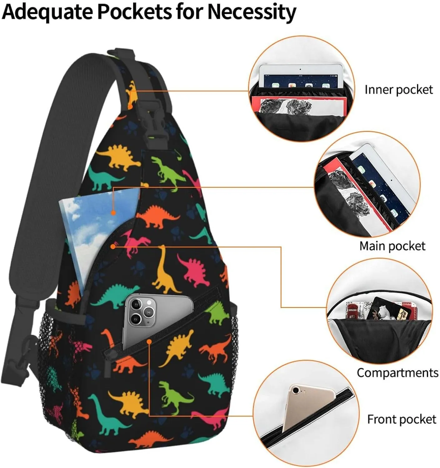 Cartoon Dinosaur Sling Backpack for Women & Men, Multicolor, 3.5x7.5x15.3 Inches, 5.5L, Casual, Unisex, Dinosaur Theme, Ambidextrous Shoulder Strap